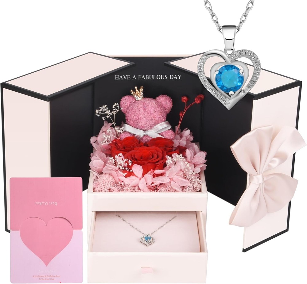 Unique Preserved Roses Forever Flowers with Sapphire Necklace Valentine's Day
