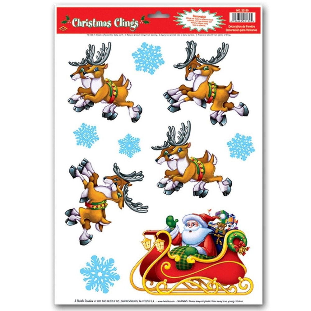 SANTA SLEIGH REINDEER SNOWFLAKE WINDOW CLINGS Christmas Holiday Party Decoration