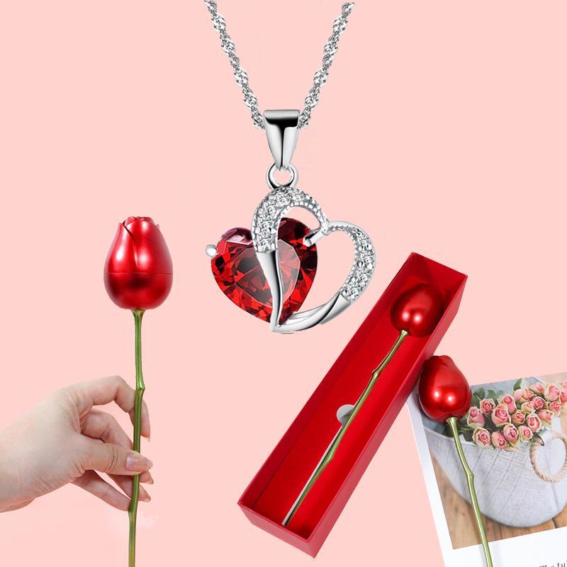 Heart Red Zircon Necklace Pendant with Roses Flower Box Gift for Mother's Day