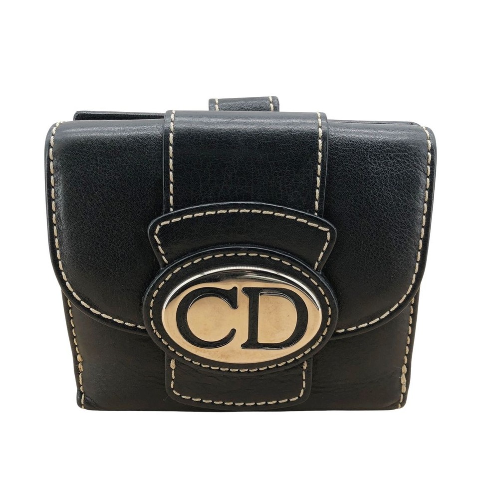 Christian Dior CD Logo Black Leather Bi-fold Wallet Italy Used from Japan