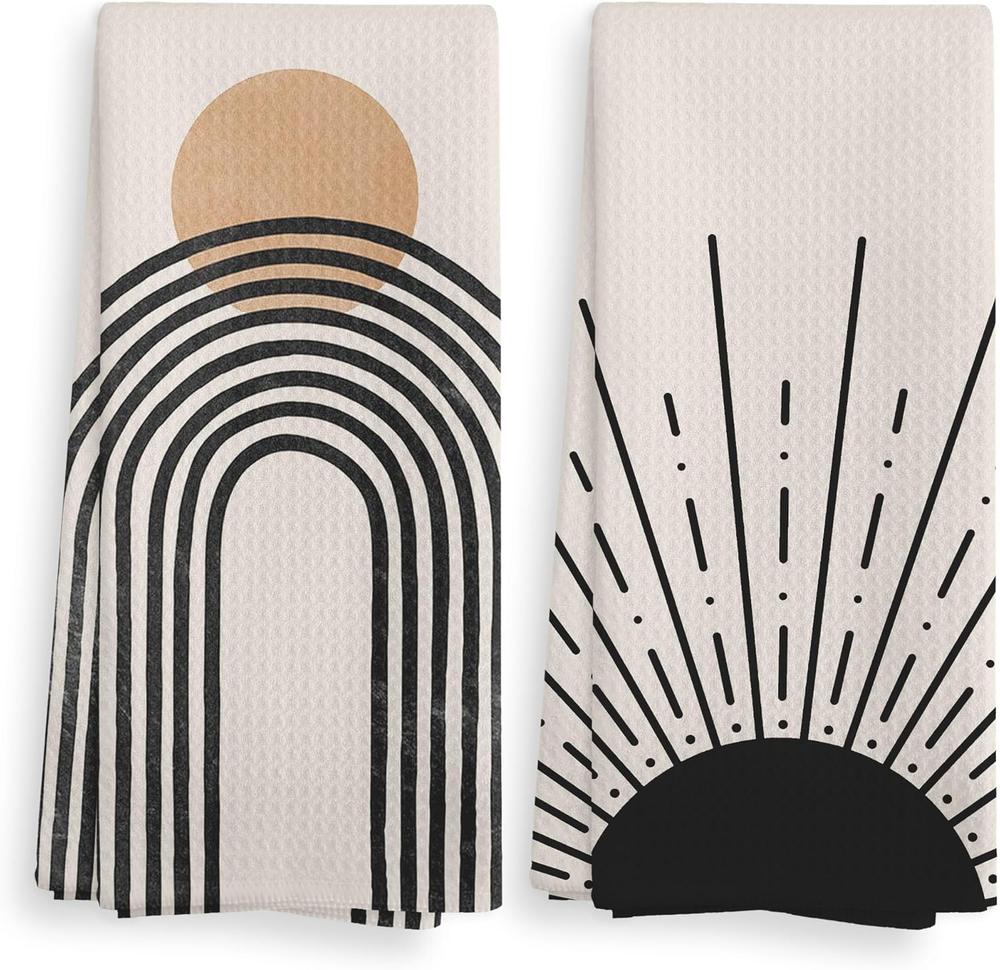 Boho Black Sun Sunrise Sunshine Rainbow Kitchen Towels and Dishcloths Sets of 2,