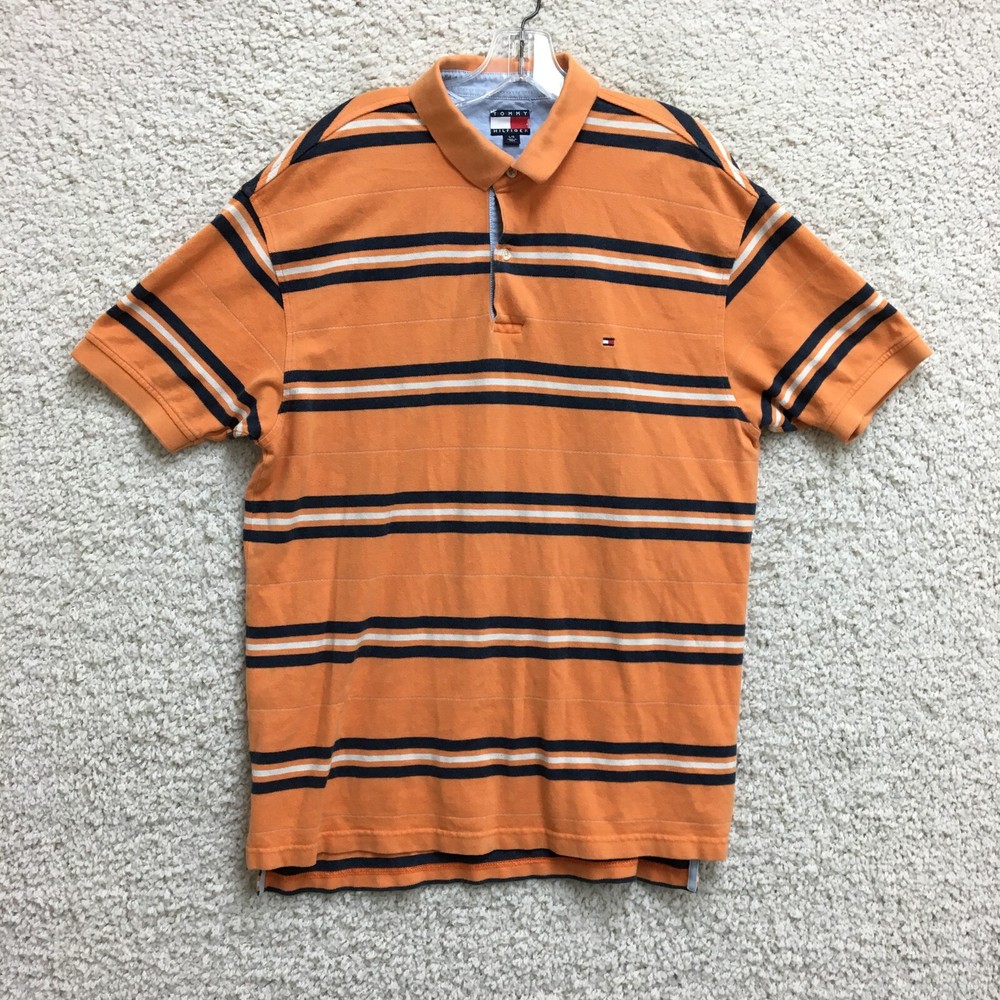 VINTAGE Tommy Hilfiger Polo Shirt Large Adult Orange Striped Short Sleeve Mens L