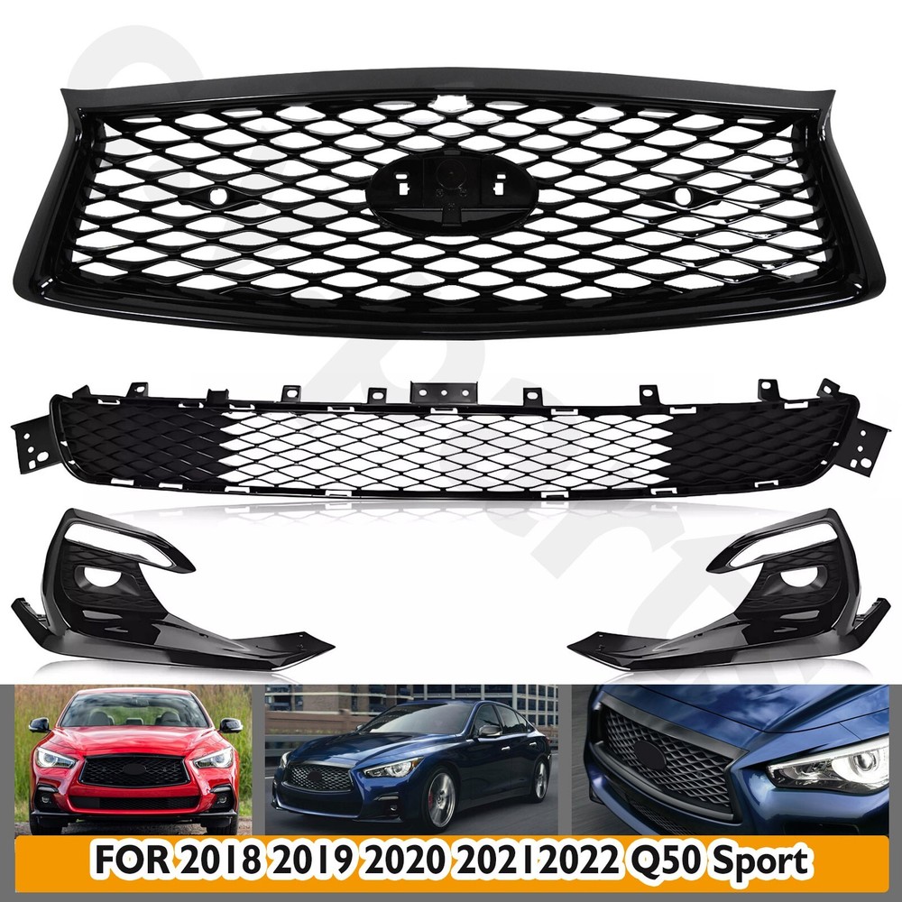 For 2018-2022 Infiniti Q50 Sport Front Upper Lower Grille Fog Light Bezels Cover