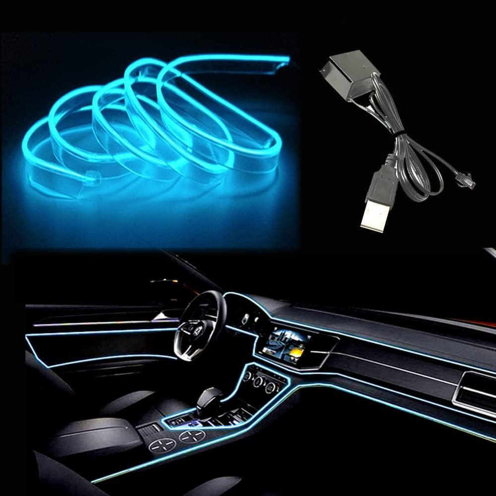 El Wire Ice Blue Interior Car LED Strip Lights, 2M Neon Wire USB 5V with Fuse Pr