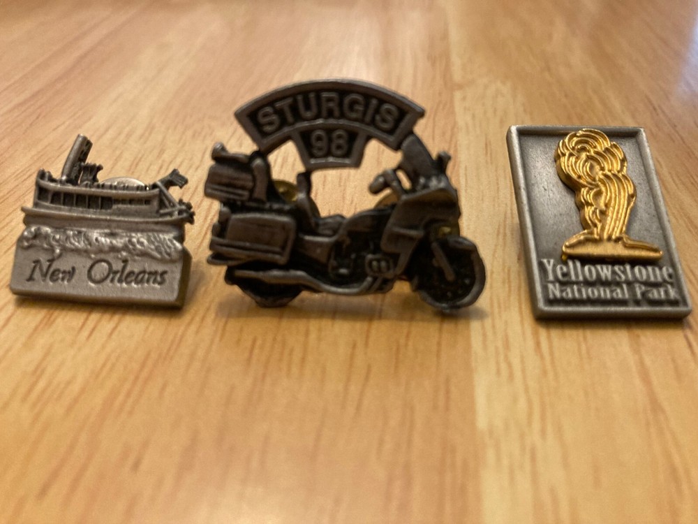 1998 Sturgis New Orleans Yellowstone National Park Lapel Vest Hat Pins Set of 3