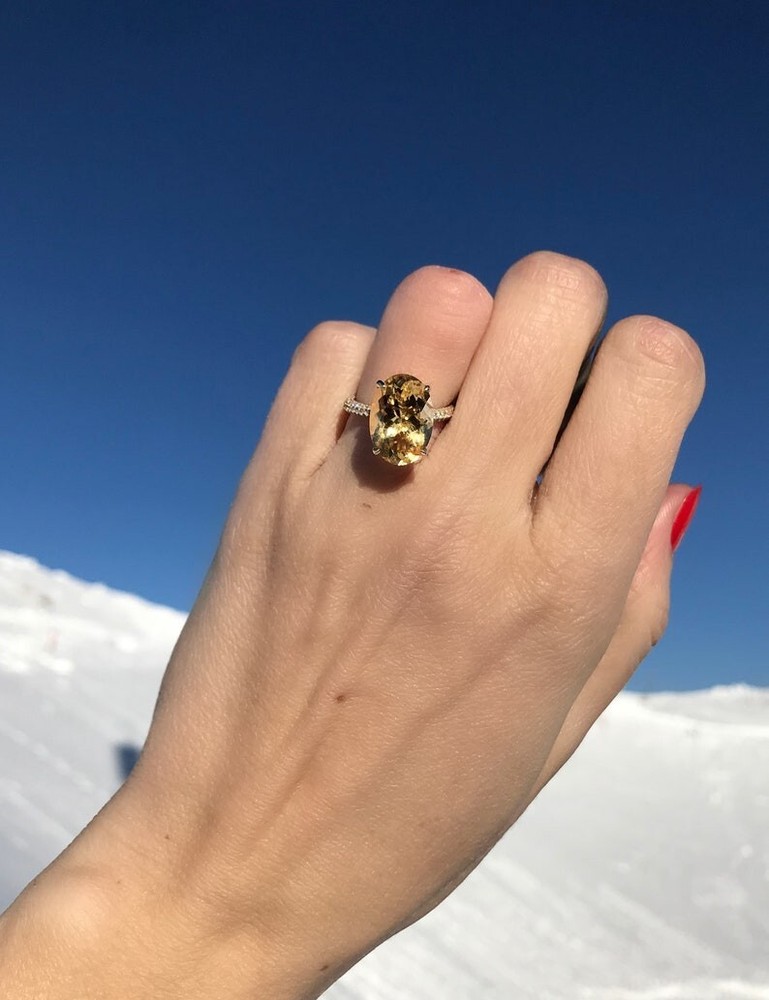 14K Yellow Gold Lab Grown Oval Cut Citrine Engagement Ring 6.77 Ct Solid