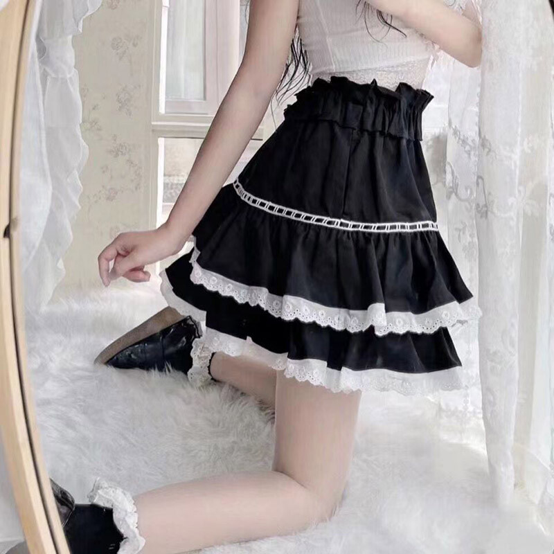 Japanese Sweet Girls Lace A-Line Skirt High Waist School Cute Ruffles Mini Skirt