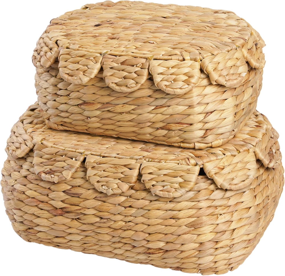 Set of 2 Hand round Wicker Storage Baskets with Lid, Rattan Basket Decorative Bo