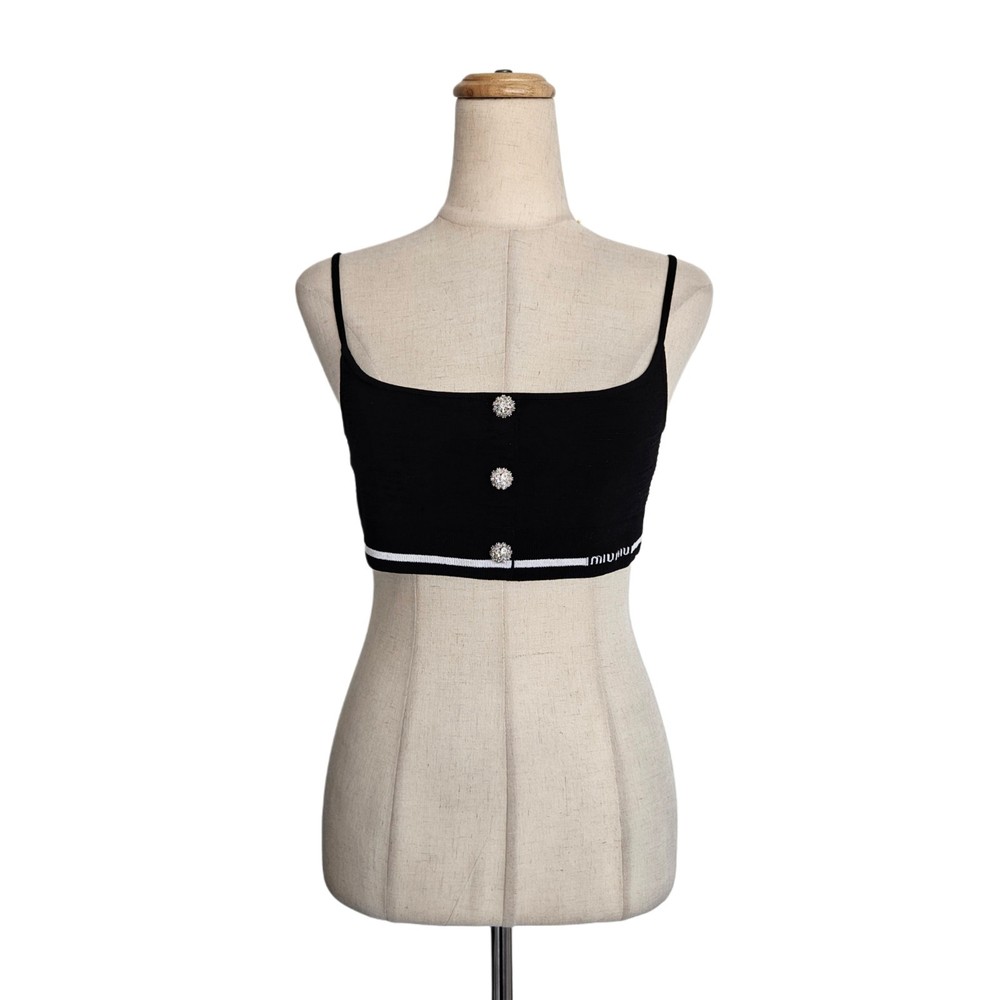 Miu Miu Black Crystal Embellished Button Stretch Knit Crop Top