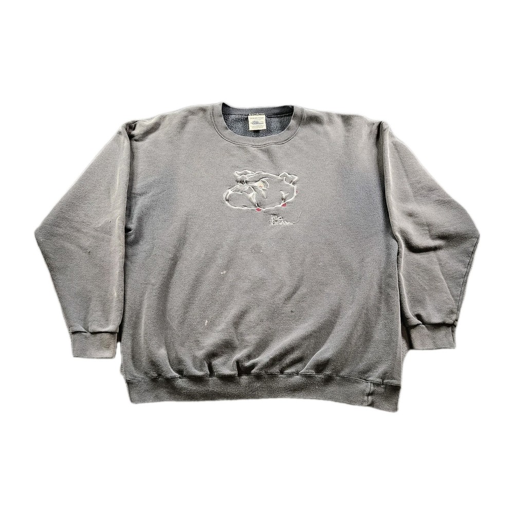 Vintage No Fear Bulldog Embroided Black 90s Sweatshirt Faded Grunge Punk Sz XL