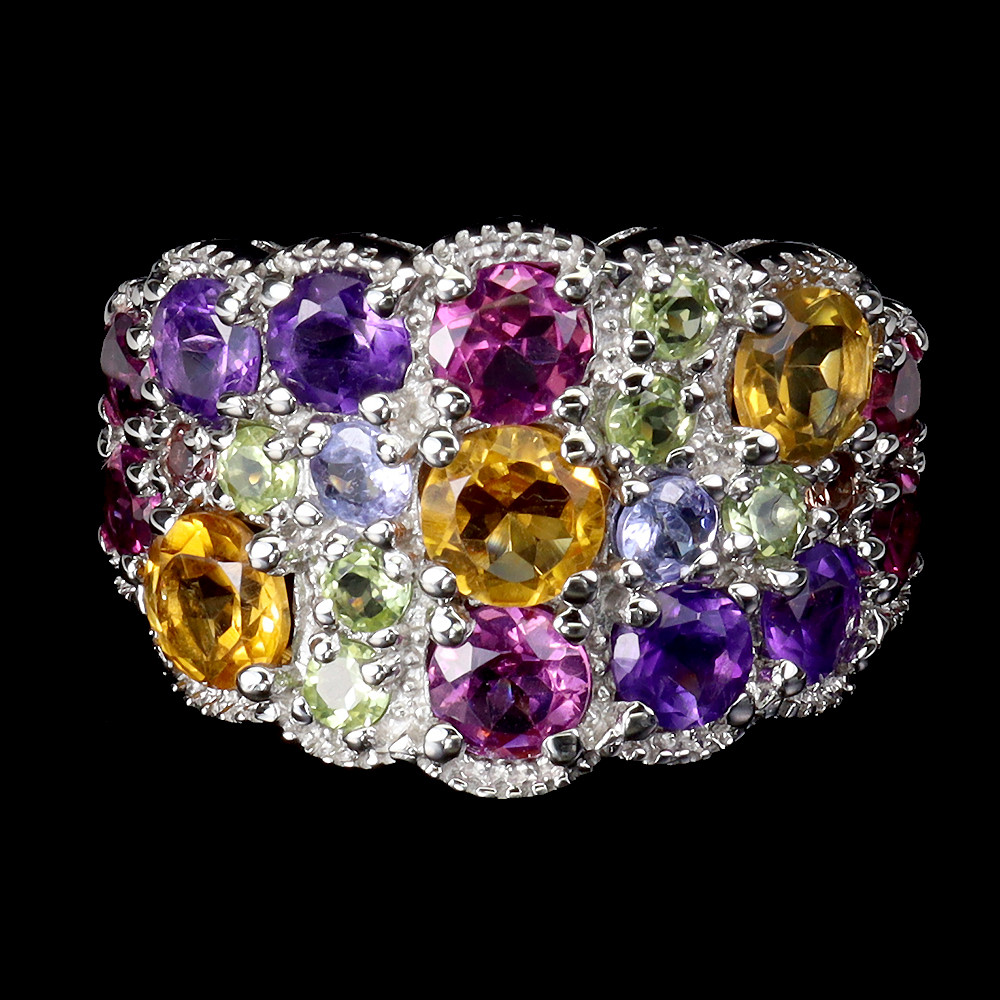 925 Sterling Silver Ring w/ Round Citrine 5mm Amethyst Tanzanite Gemstones