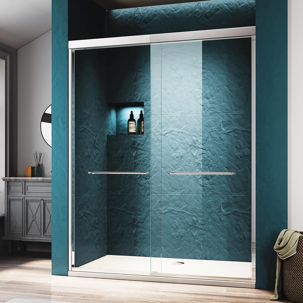 56-60 Inch Wide x 72 Inch Tall Chrome Framed Clear Glass Double Sliding Shower Door