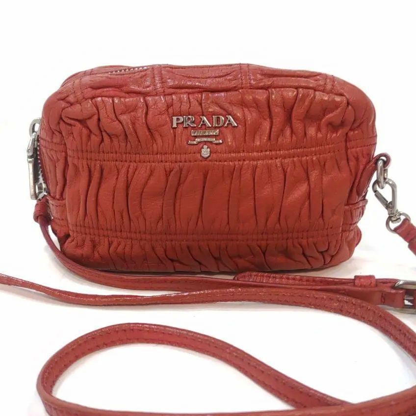 Prada White Leather Shoulder Bag with Gathered Detail and Red Logo Tag