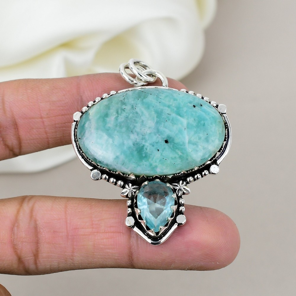 Blue Topaz & Amazonite Gemstone Pendant 925 Sterling Silver Handcrafted Jewelry
