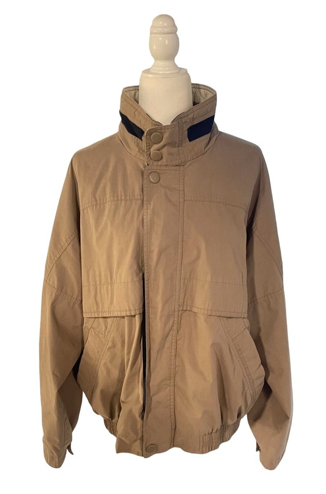 Men's Retro Tan Bomber Jacket - Snap & Zipper Closure - Size L-image