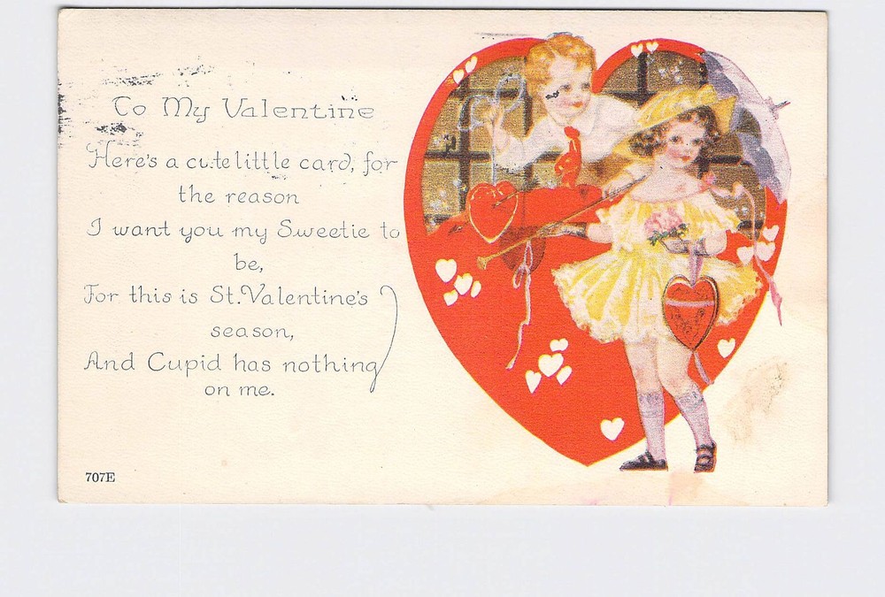 Holiday Postcard Valentine Boy Girl In Yellow Dress With Parasol Flowers And Hea