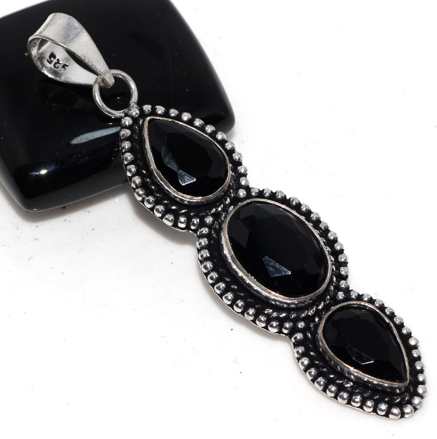 925 Silver Plated Black Onyx Ethnic Long Pendant Handmade Jewelry Size 2.5