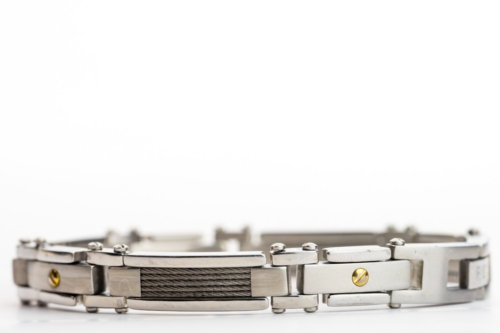 Men's Two-Tone Stainless Steel Bracelet with Gold Cartier Screws & Wire Inlay 1098