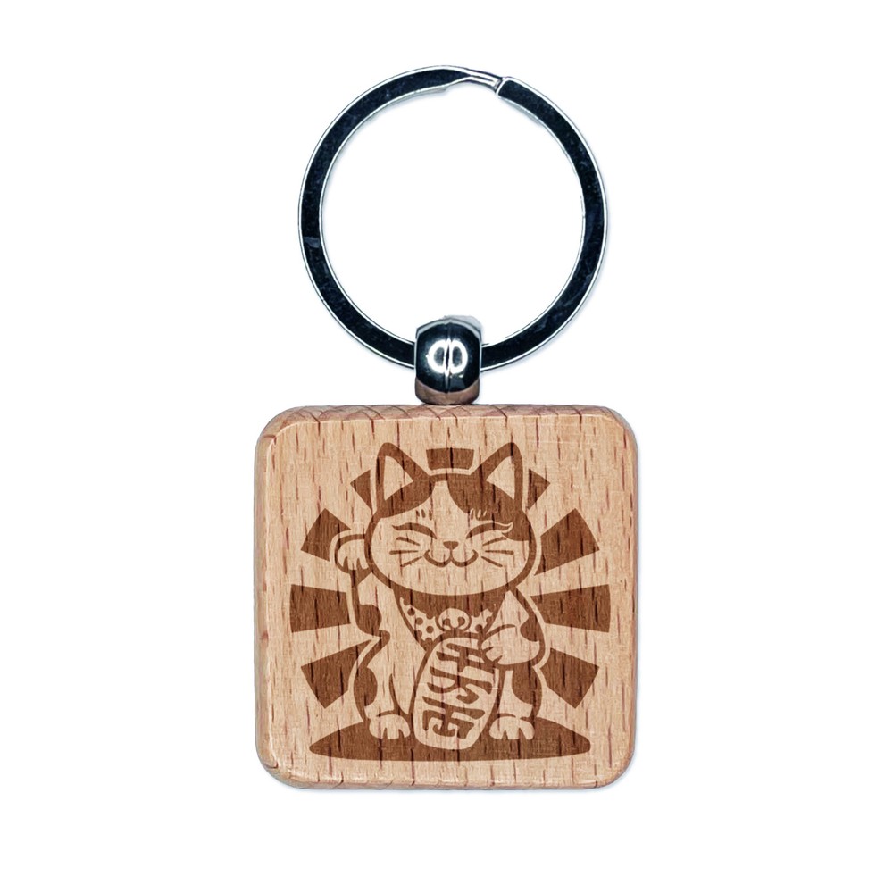 Lucky Maneki Neko Fortune Cat Wooden Engraved Keychain Charm