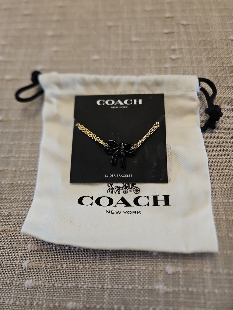Coach Bracelet Gold Tone Chain Black Pavé Bow Double Chain Slider Designer Chic