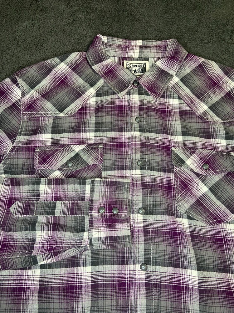 VTG Converse Flannel Shirt Jacket Men L Plaid Pearl Snap Shacket Purple Gray EUC