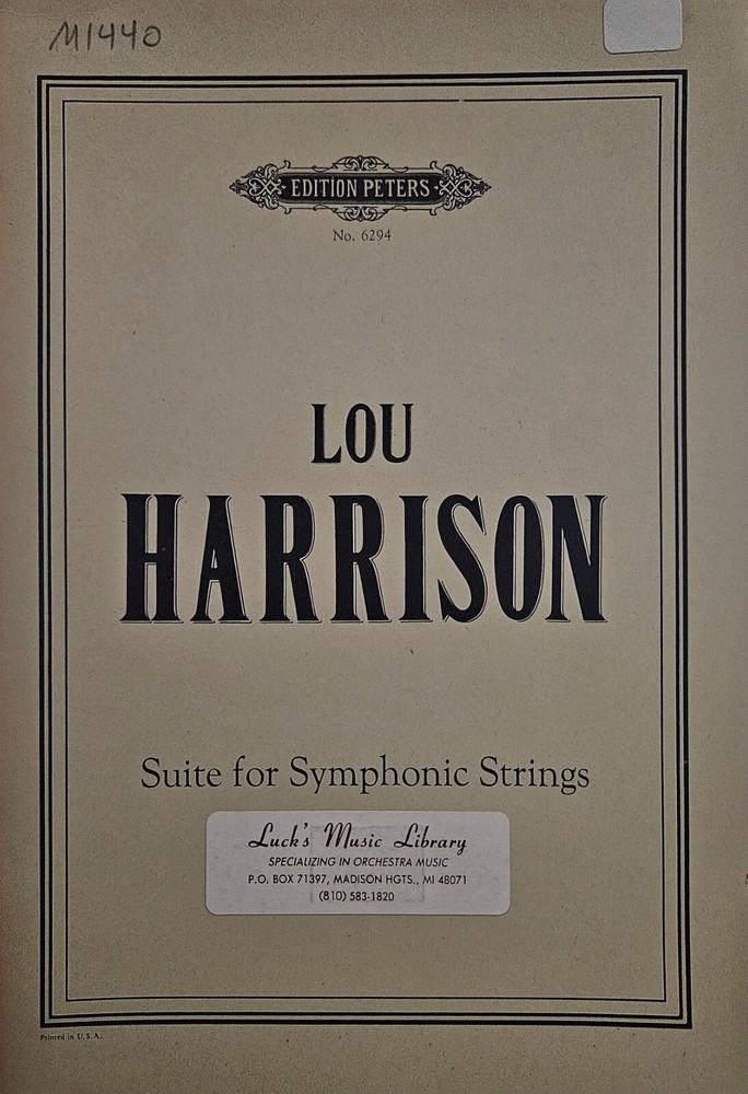Lou Harrison - Suite for Symphonic Strings - Edition Peters Score - NEW