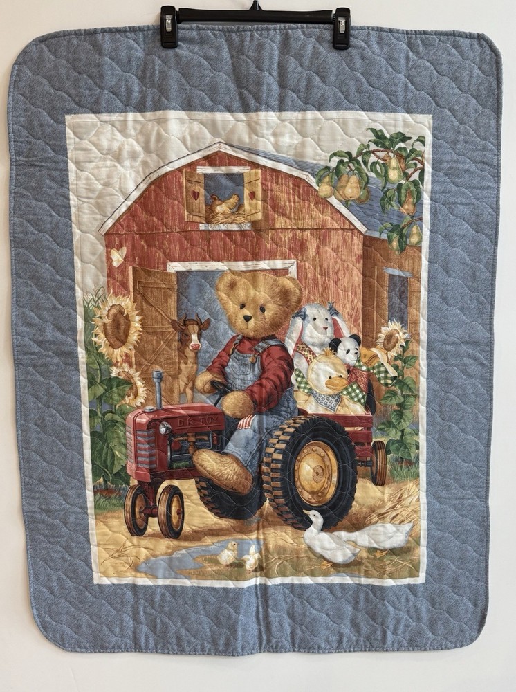 Hand Quilted Blue Jean Teddy Bear Tractor Farm Baby Blanket Vintage Gingham Barn