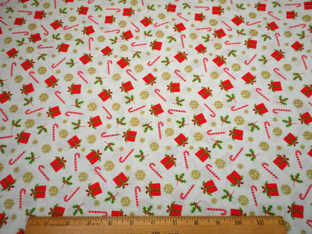 Christmas Fabric By Half-Yard Red Gifts Metallic Snow Candy Ivory Cotton #26A #C