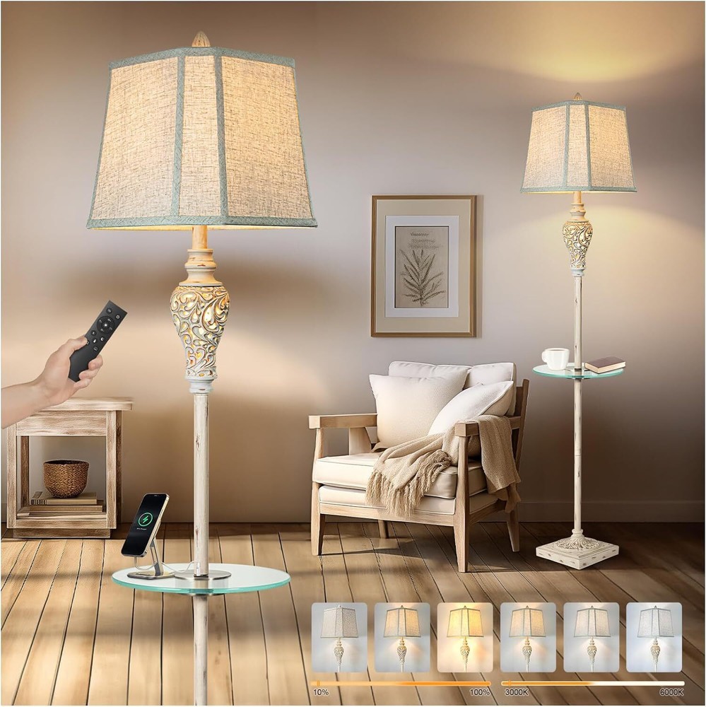 Rustic Floor Lamp, Living Room Lamps with Glass Tray, stepless diming Floor L...