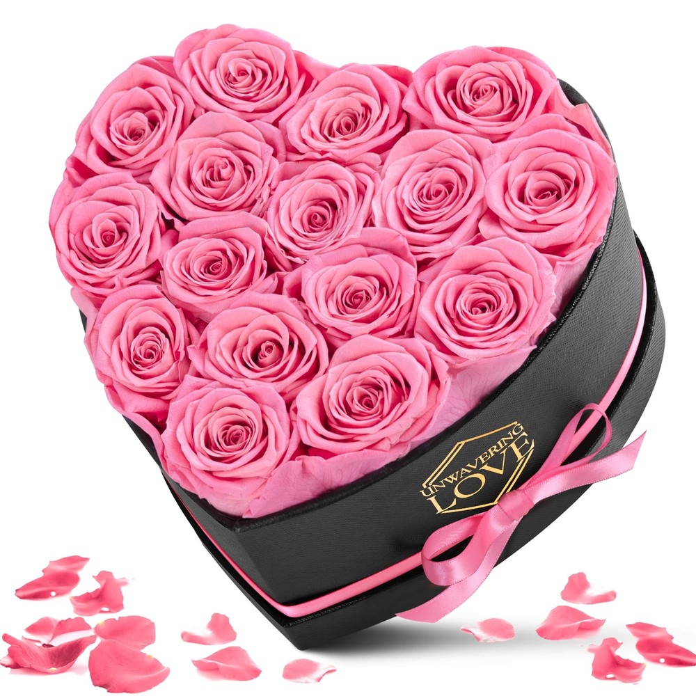 Gift for Mom Pink 16Pcs Eternal Preserved Roses Flowers in Heart Shape Box Mo...