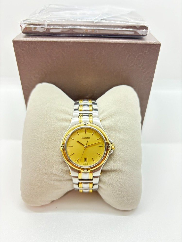 [Exc+5 W/Box] Gucci 9040M Gold Dial Quartz Vintage Men's Watch Used Working F/S