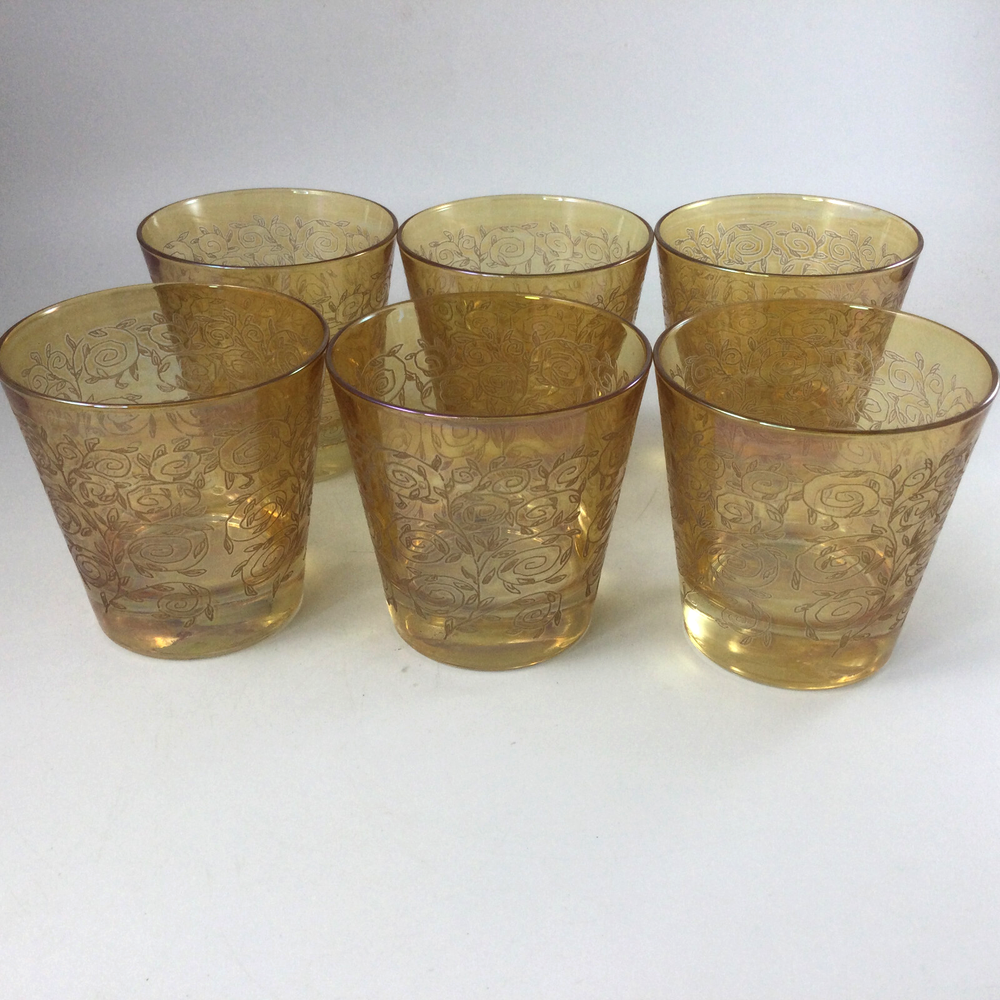 Vintage Anchor Hocking Amber Tumbler Glasses with Rose Etching 3.5 Inches Tall