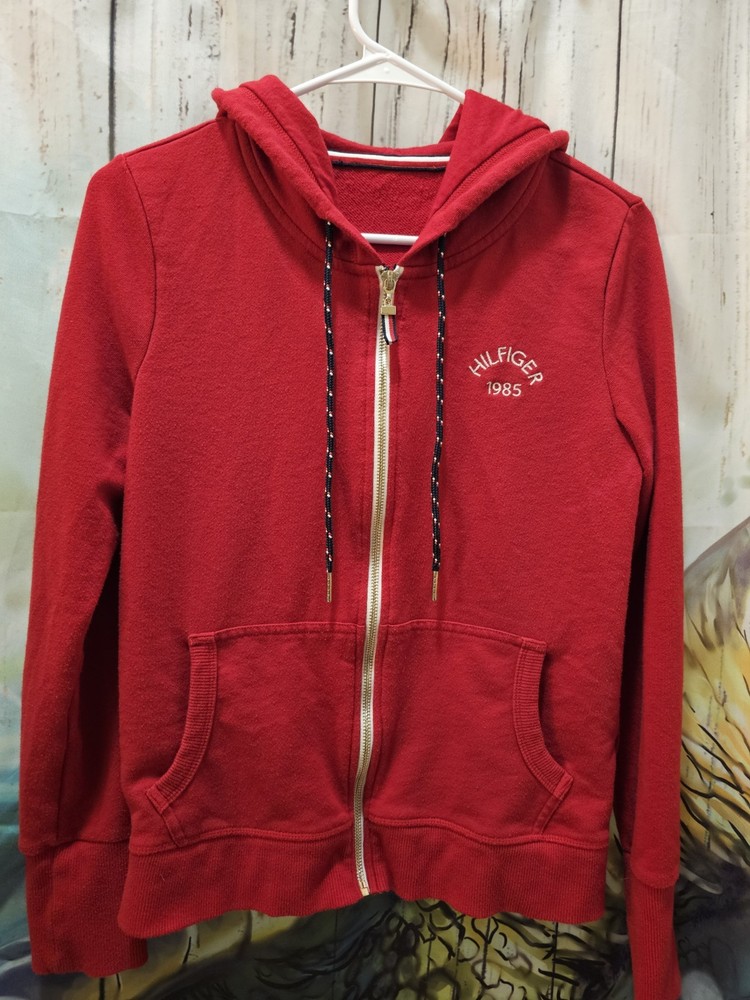 Tommy Hilfiger Red Full Zip Hoodie Women's Long Sleeve Embroidered Logo