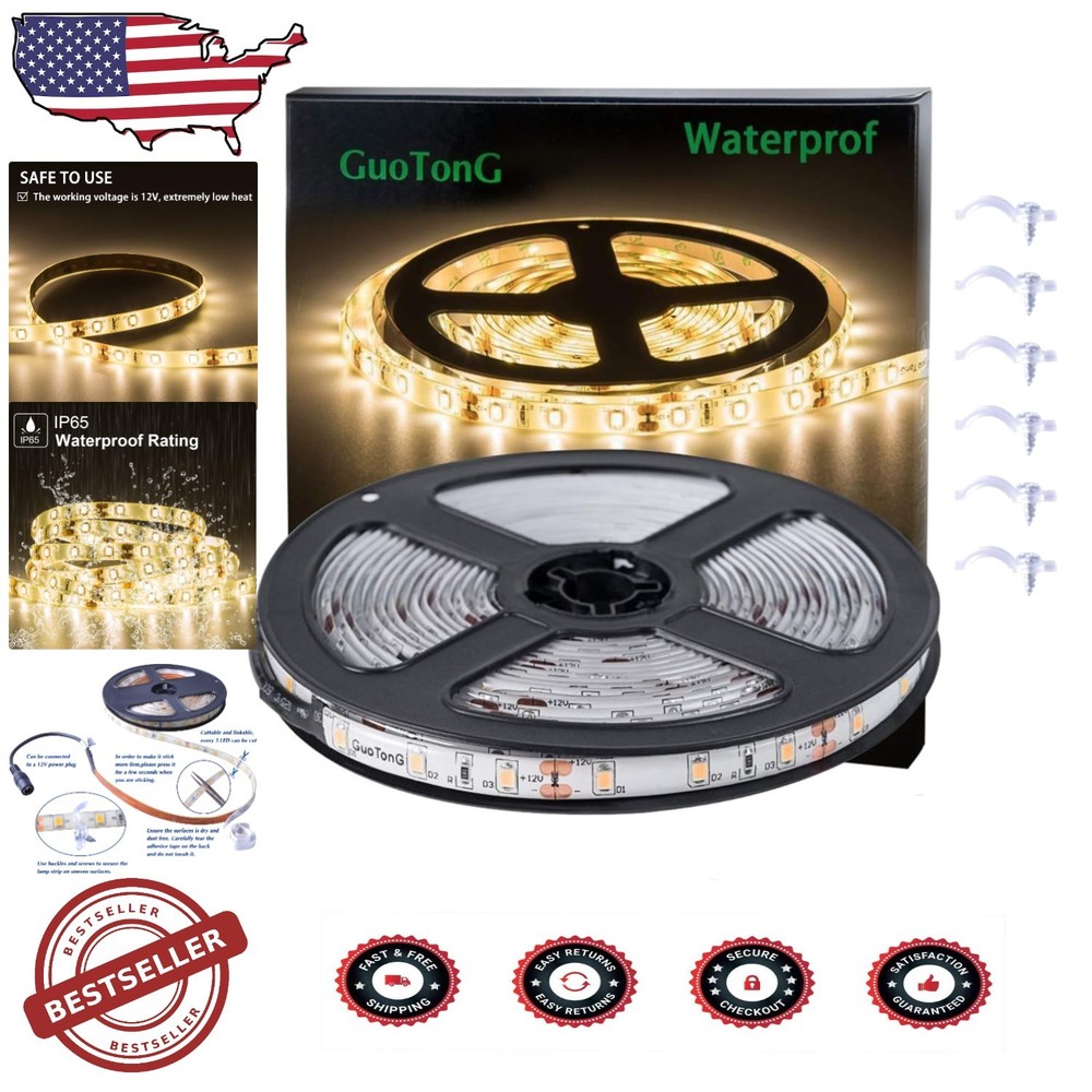 16.4ft Waterproof Warm White LED Strip Lights for Easy Decorative Installation