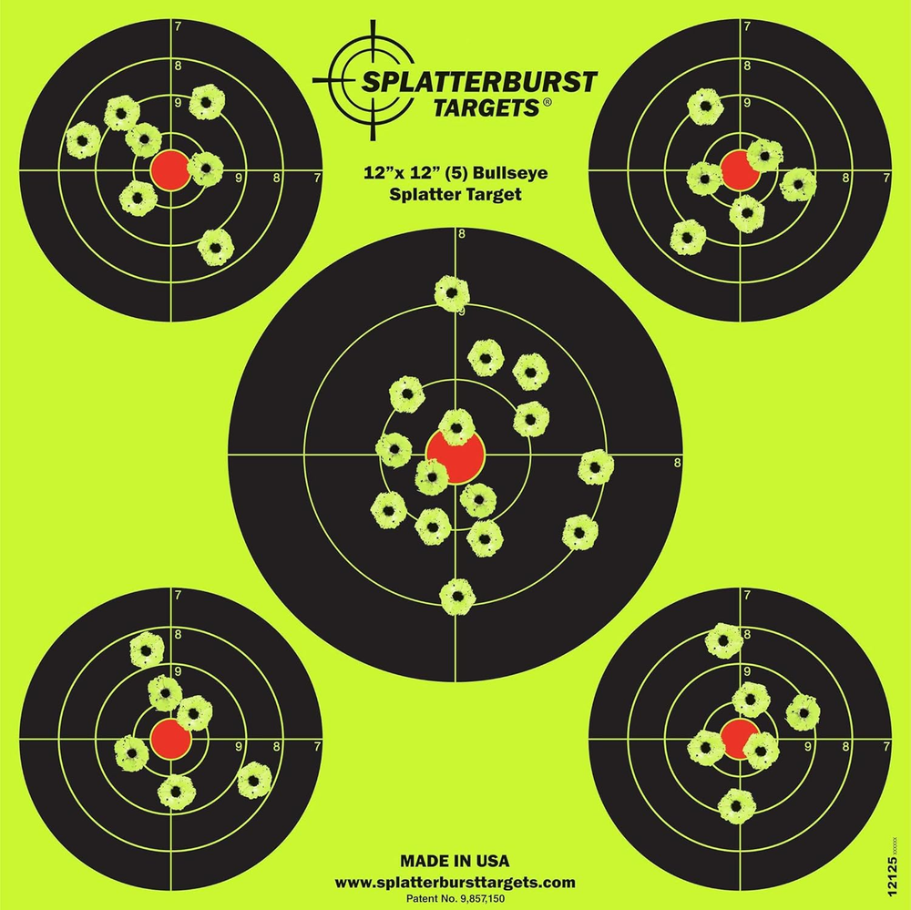 - 12 X12 Inch (5) Bullseye Reactive Shooting Target - Shots Burst Bright Fluores