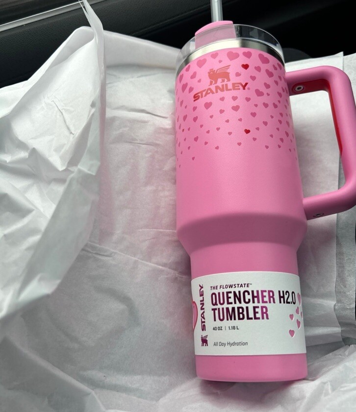 In Hand Stanley Cup Valentine’s Day 2025 Pink 40 oz Flowstate Tumbler