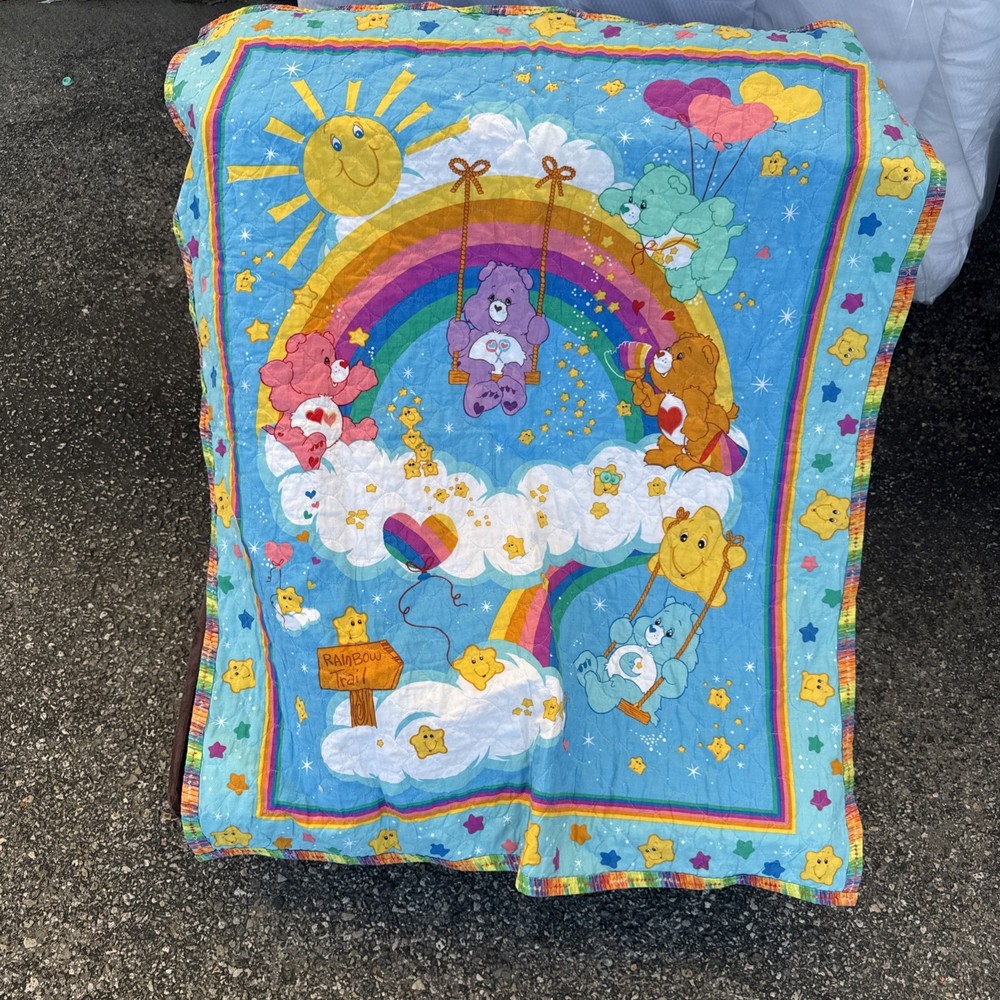 Vintage Care Bears Rainbow Trail Baby Blanket Quilt 34