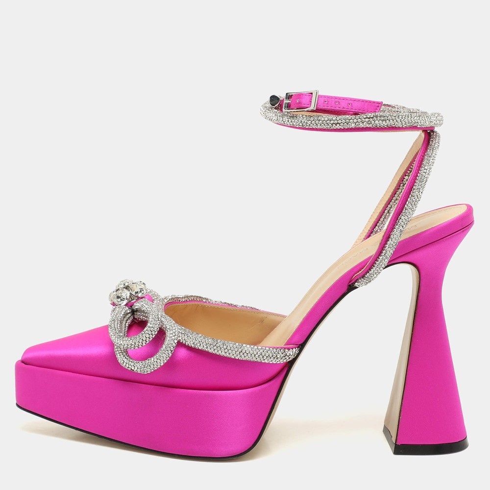 Mach Mach Pink Satin Double Bow Crystal Embellished Platform Pumps Size 40