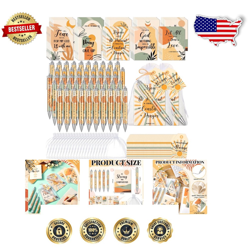 Thoughtful 50-Set Christian Journals, Bamboo Pens, Tags, and Bags Collection