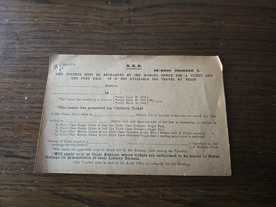 Rebook Voucher A -  Ticket Exch. Booking Slip G.E.R Great Eastern Railways 1919-image