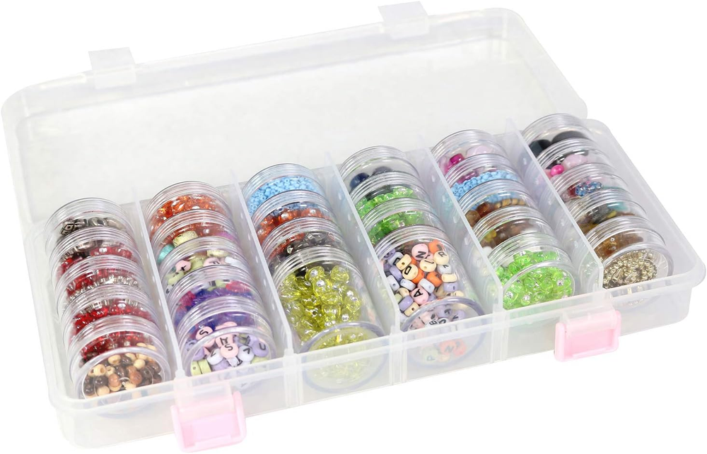 Large plastic bead storage organizer with 28 jars for beads and craft supplies