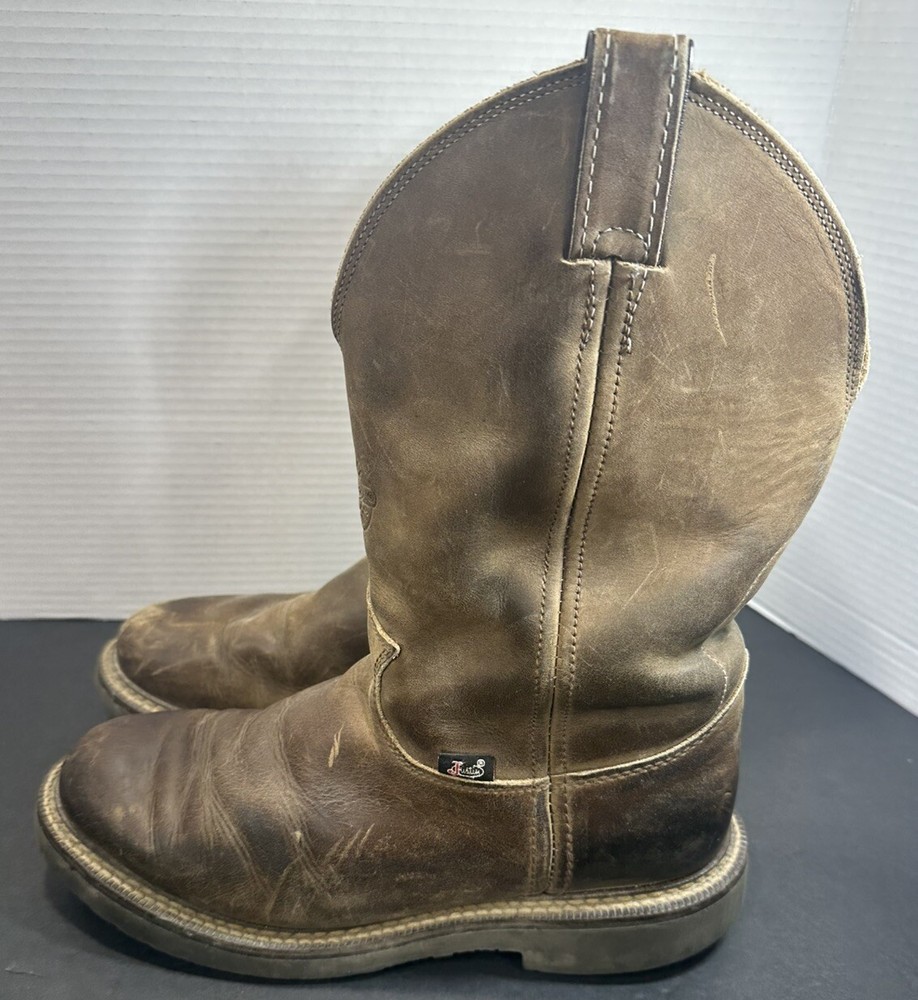Justin Mens Distressed Tan Leather Pull-On Cowboy Work Boots Size 8.5D Style 4444