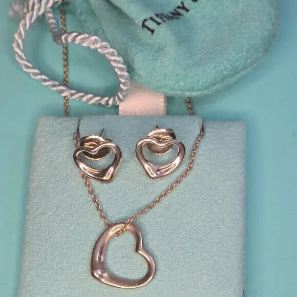 Tiffany & Co Elsa Peretti Sterling Silver Heart Earrings Necklace Set