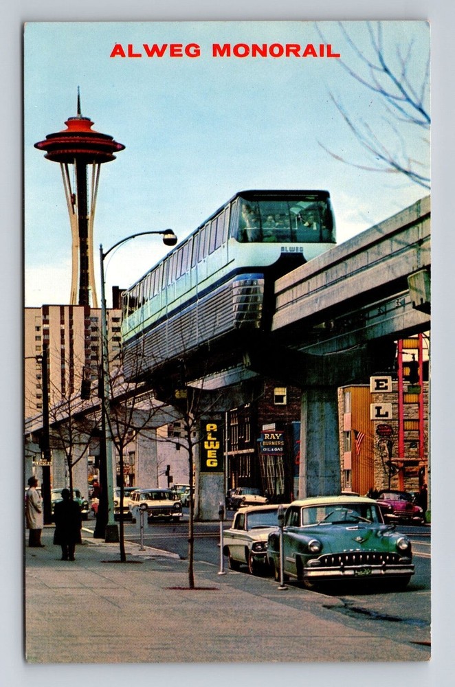 Seattle WA-Washington, Allweg Monorail, Space Needle, Vintage Postcard
