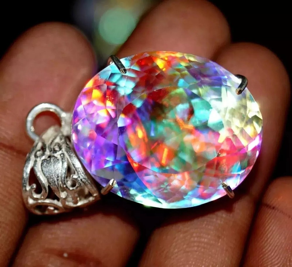 A+ Certified 95.5 Ct Natural Mystic Topaz Oval 925 Sterling Silver Pendant Gemstone Jewelry