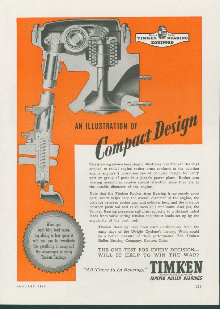 1943 WWII Timken Rocker Arm Bearing Illustration Cyclone Help Win War Ad AD1