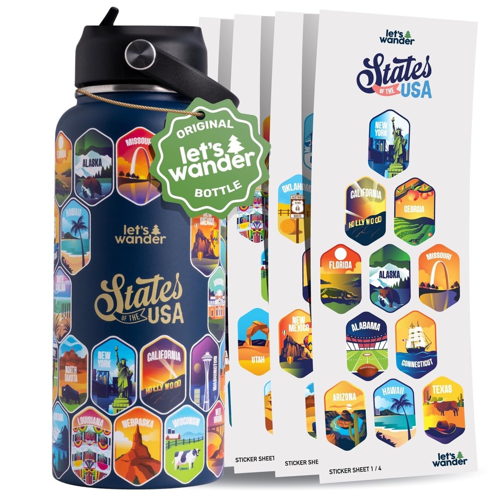 50 States Water Bottle with Waterproof Stickers - 32oz Leakproof Insulated St...