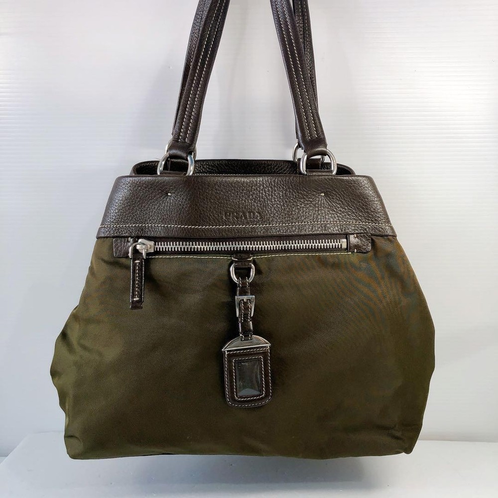 Prada Leather and Nylon Brown Khaki Tote Bag
