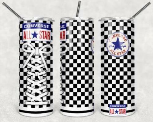 Black and white checkered 20oz skinny tumbler with straw - custom drinkware