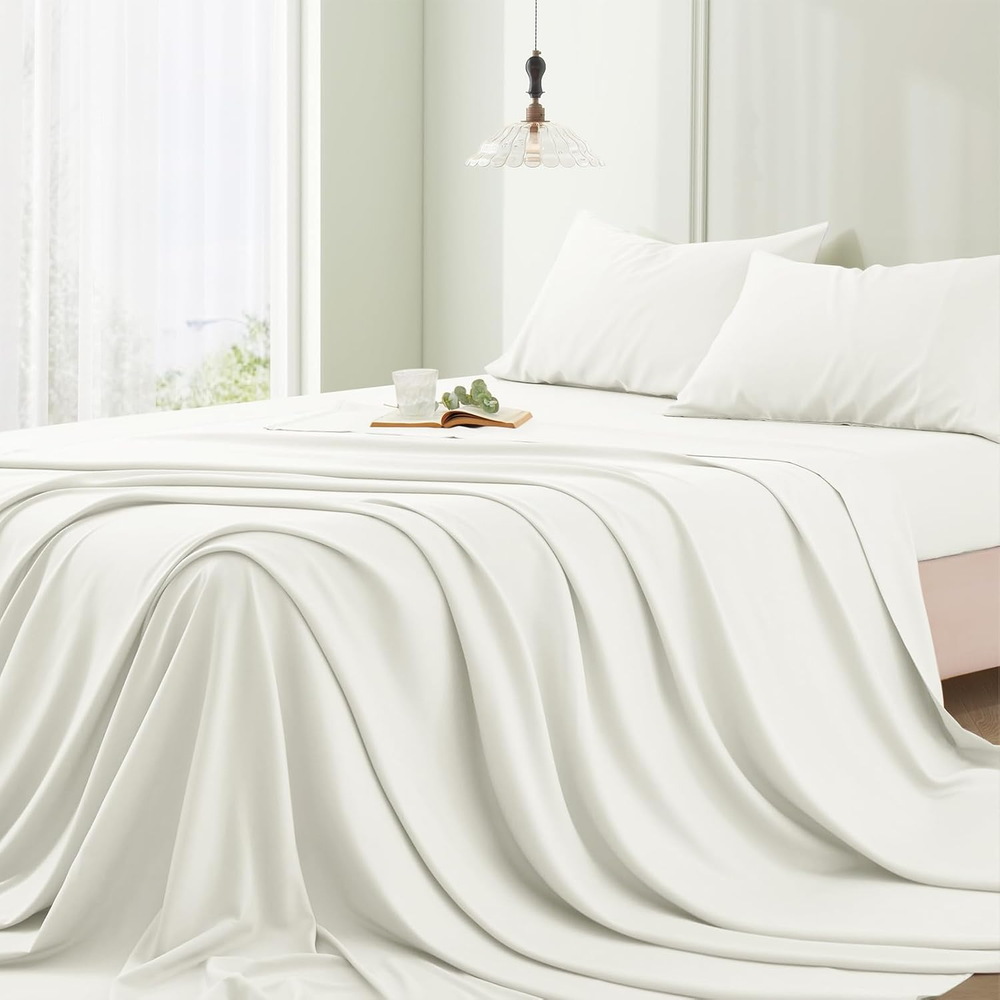 Vonty King Size Bamboo Rayon Bed Sheet Set in White